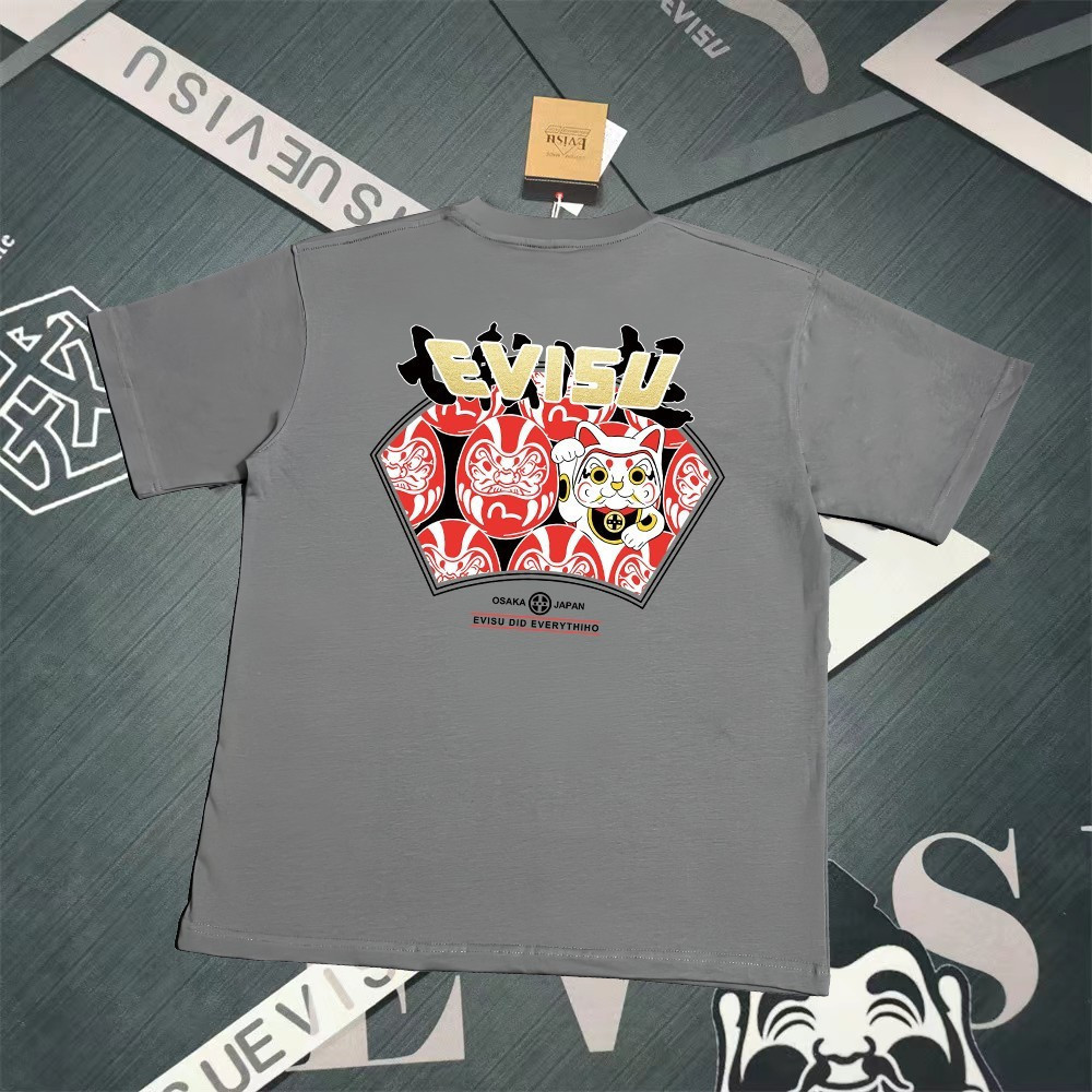 EVISU/God of Fortune 2026 คลาสสิกรอบคอแขนสั้นเสื้อยืดผู้ชายผู้หญิงสไตล์ร้อนขายสไตล์ Street สวมใส่ฤดู