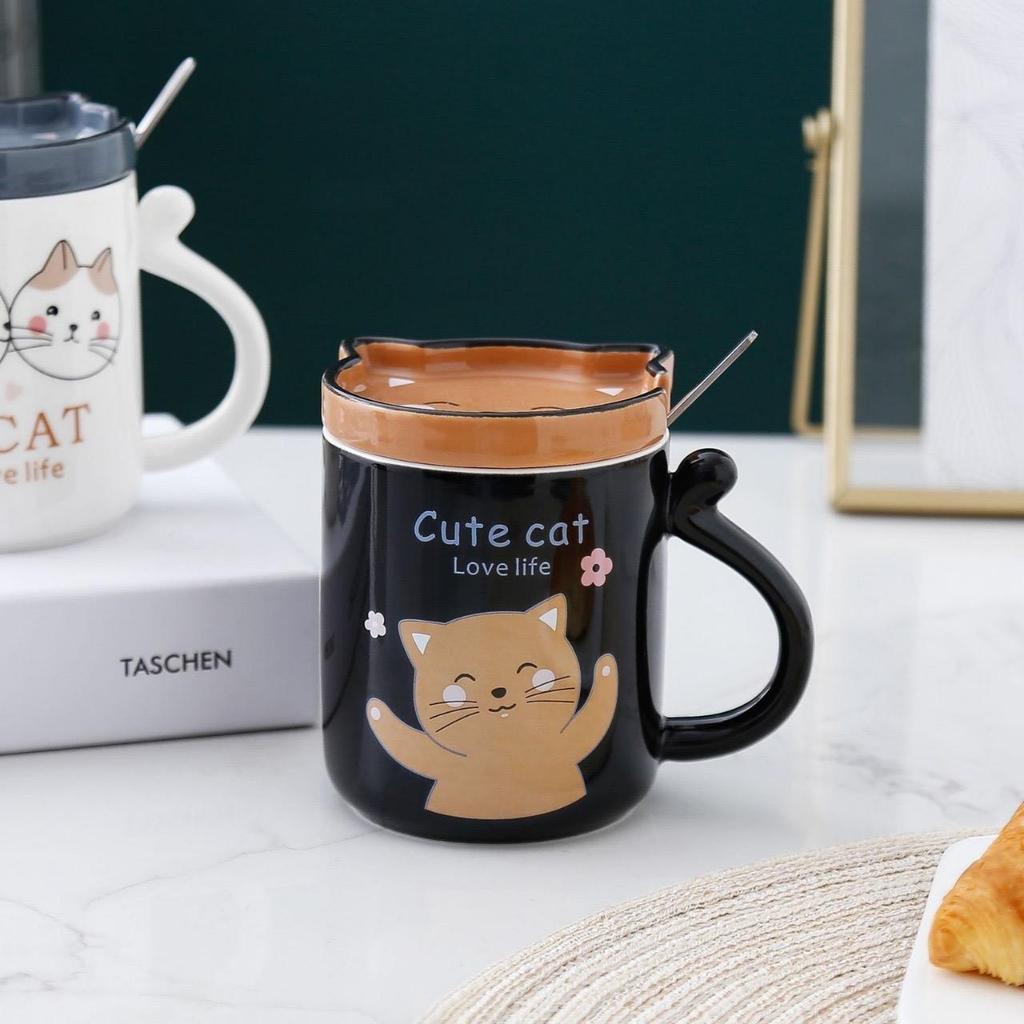 ชุดแก้วแมวมีฝา+ช้อนพร้อมกล่อง ลายน่ารักฝารูปแมวสินค้าใหม่พร้อมส่ง