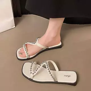 🍓EnJoy🍓 พร้อมส่ง (LT-224) รองเท้าแตะสวม สายไขว้ ตกแต่งมุกสวยๆ พื้นหนาไม่บาง ใส่สบาย เที่ยวทำงาน