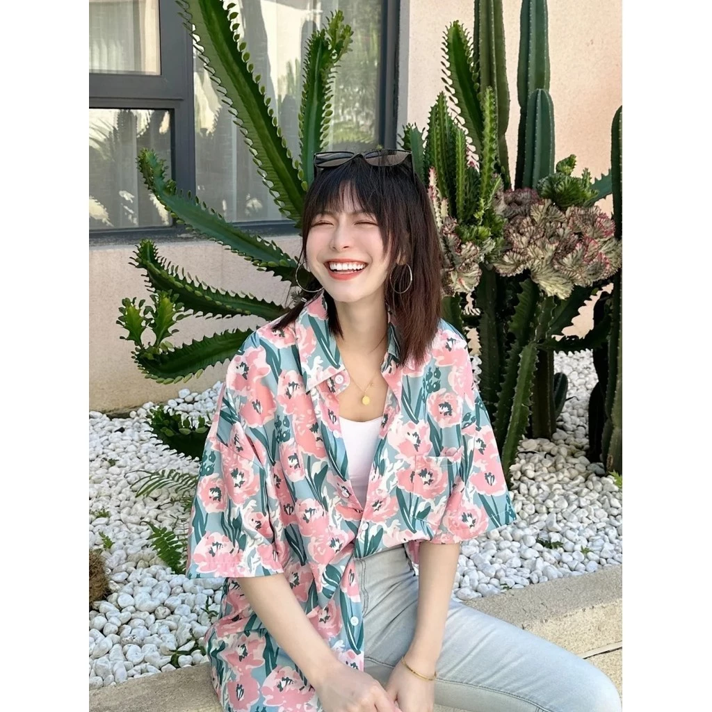 เสื้อสงกรานต์ผู้หญิง ลายดอกไม้ แขนสั้น ลายดอกไม้สีฟ้าชมพู เสื้อฮาวาย thumbnail 7