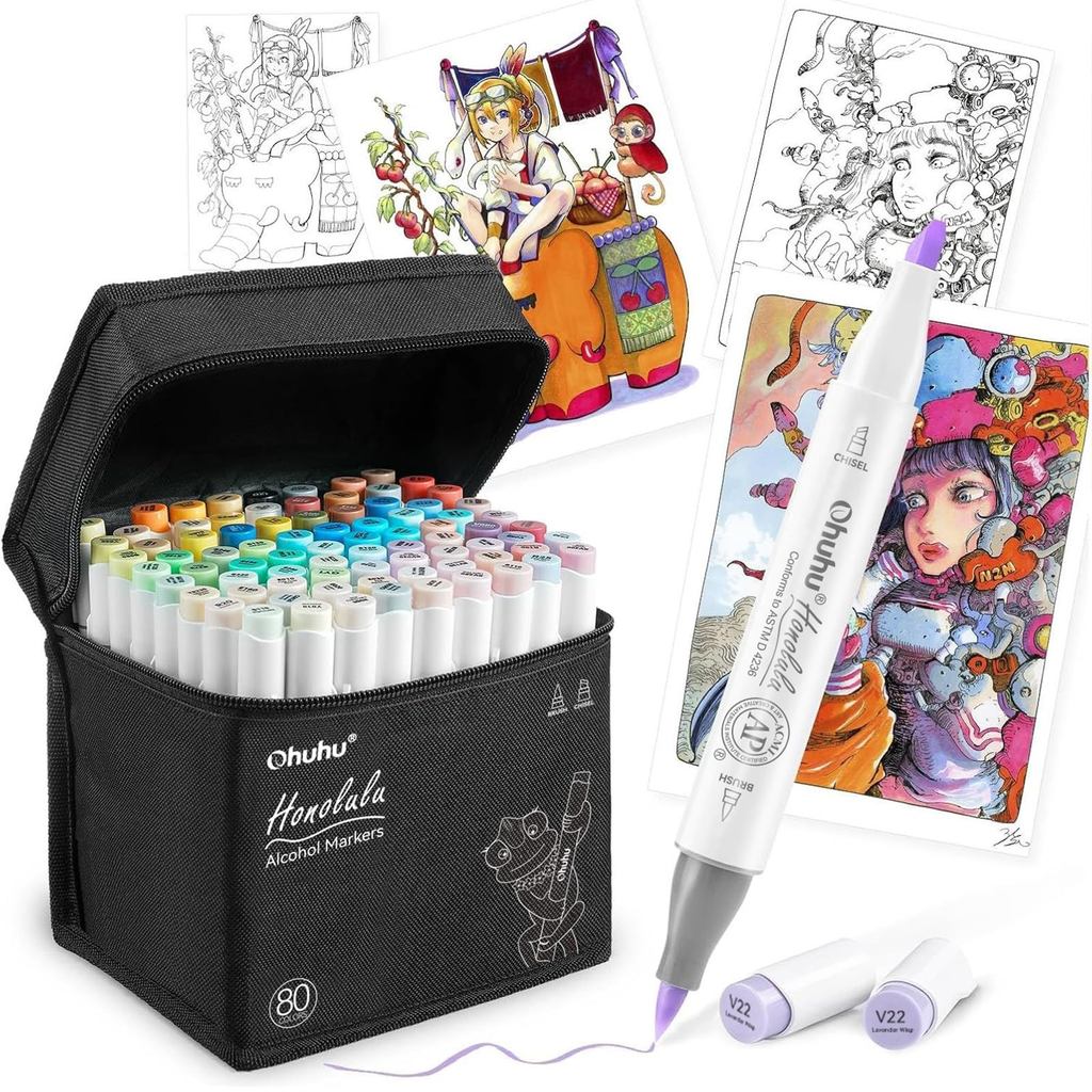 Ohuhu 80-Color Brush Tip Illustration Marker Set with Blender Pen - Professional Pastel Alcohol-Base