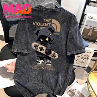 COD✅ เสื้อสีฟอก เสื้อยืดเย็นเ สื้อยืด oversize รูปแบบถนน โคต…