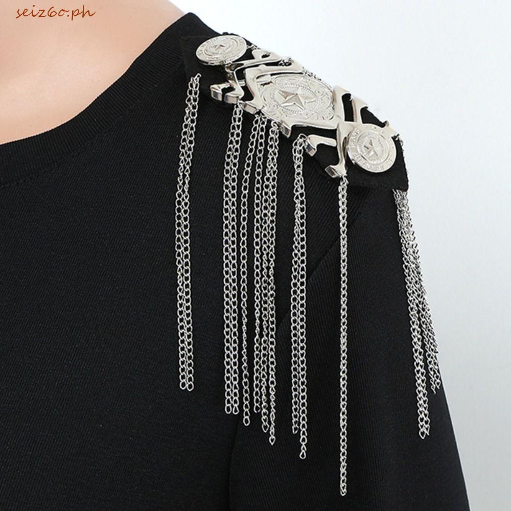 SEIZ6O Club พู่โซ่ Epaulette, Pin Cool Rivet ไหล่ป้าย, Retro Breastpin คริสตัลเงาแจ็คเก็ต Vintage เข