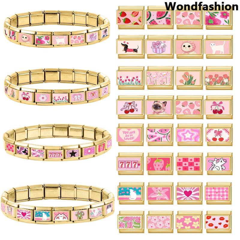 สร้อยข้อมือสแตนเลส ก้างสีทอง พิมพ์ลายสีชมพู ขนาด 9 มม. เครื่องประดับสไตล์วินเทจ เพิ่มบุคลิกภาพแบบอิตาลี
