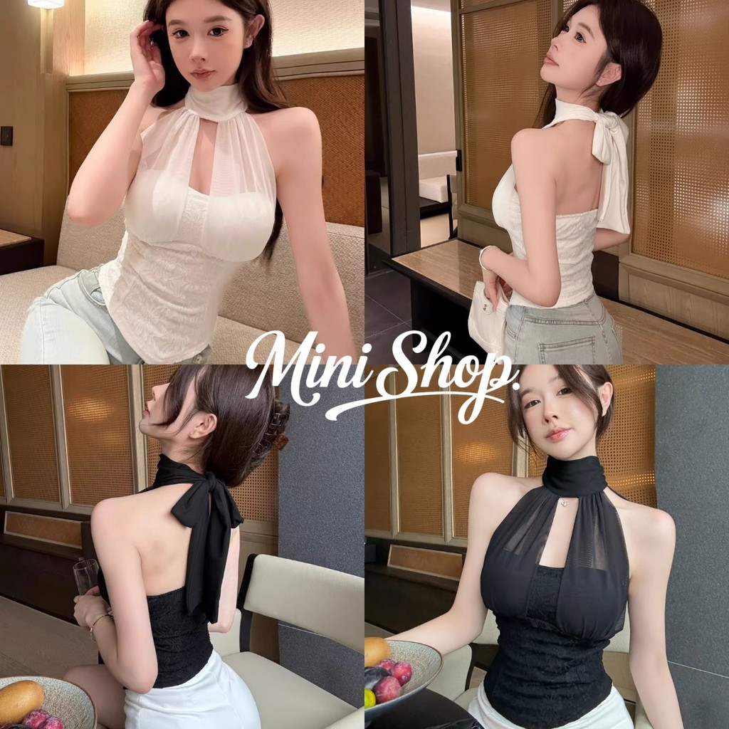 Mini shop🌸พร้อมส่ง🌸(FY10169)เสื้อคล้องคอ แบบผูกชีฟอง ผ้าลูกไม้ 2สีขาวดำ มีฟองน้ำในตัว เข้ารูป