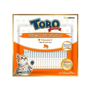 Toro Toro Plus โทโร่ พลัส ขนมแมวเลีย สูตรทูน่าเนื้อขาว หอมอร่อย แมวชอบ แมวเลีย ขนาด 15g x 25 ซอง