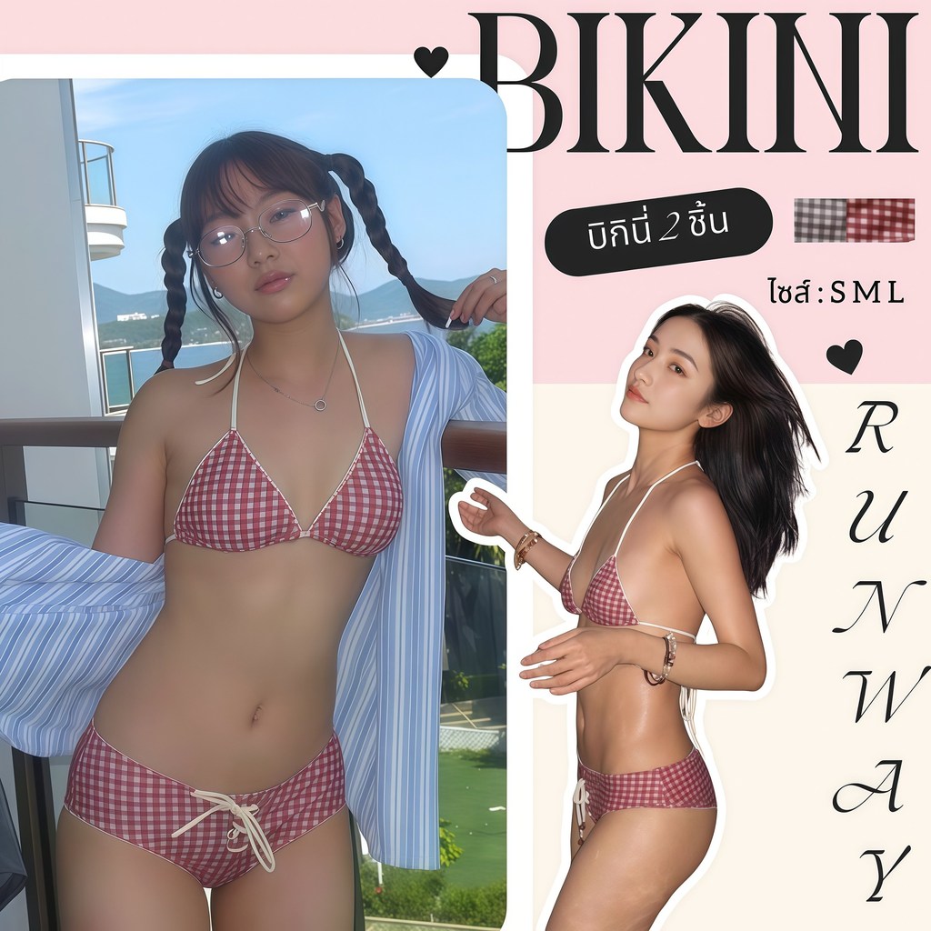 BIKINI RUNWAY  แฟชั่น บิกินี่ ชุดสามชิ้น ชุดว่ายน้ำ คุณภาพสูง ลายตารางหมากรุก  ⛅ มีไซส์ S-L | น้ำหนัก 38-58 กก. Y555