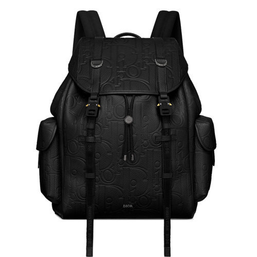 [ภาษีแพ็คเกจ] DIOR/DIOR 24 สไตล์ใหม่ผู้ชายหนังวัวสีดํายี่ห้อนูนกระเป๋าเป้สะพายหลังสายรัดไนลอน 1ESBA2