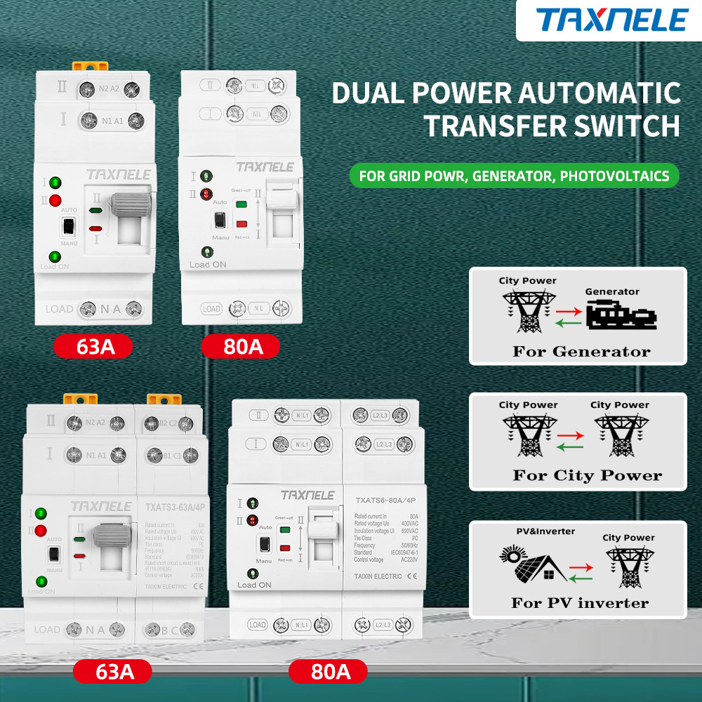 Din Rail 2P 4P 63A 80A ATS Dual Power Automatic Transfer Switch Selector กําลังอย่างต่อเนื่อง