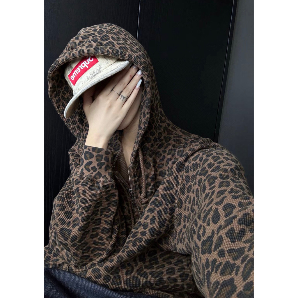S5GQ SP Leopard print waffle knit zip-up hoodie