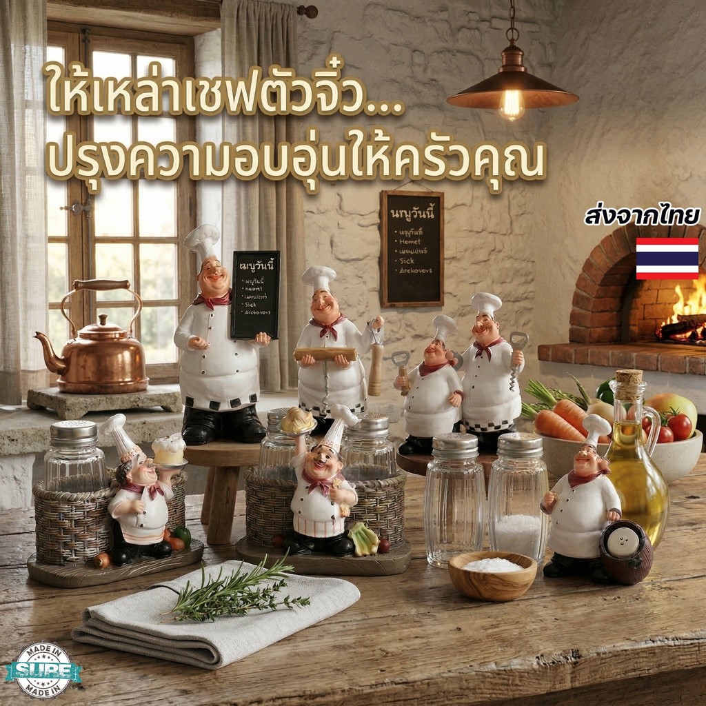 ตุ๊กตาเชฟกุ๊กเรซิ่น ที่ใส่เครื่องปรุงเกลือพริกไทย ของตกแต่งห้องครัว แต่งร้านอาหาร คาเฟ่ ของแต่งบ้านสไตล์วินเทจ