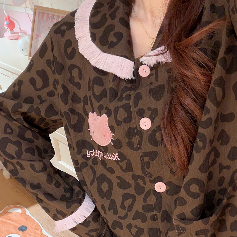 สีดําสมาร์ทเสือดาวพิมพ์พู่คิตตี้ชุดนอนผู้หญิงฤดูใบไม้ผลิฤดูใบไม้ร่วงเมฆผ้าฝ้ายแขนยาวกางเกงสไตล์หวานH