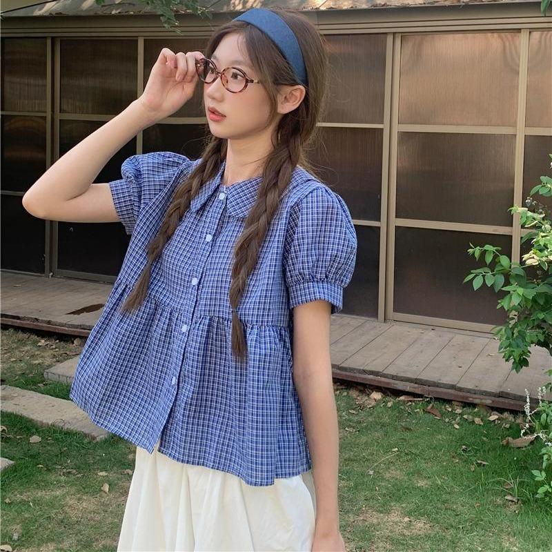 เสื้อเชิ้ตแขนตุ๊กตาลายสก็อต ดีไซนืจีบตรงเอวสไตล์โลลิต้าสุดน่ารัก-พร้อมส่งจากทย-รุ่นw700