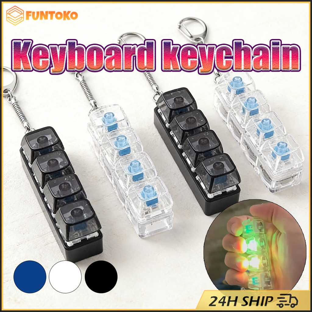 สินค้ามีคุณภาพ คีย์บอร์ดนิ้ว 4คีย์ พวงกุญแจคีย์บอร์ดมีไฟ keycap keyboard ของเล่นคลายเครียด
