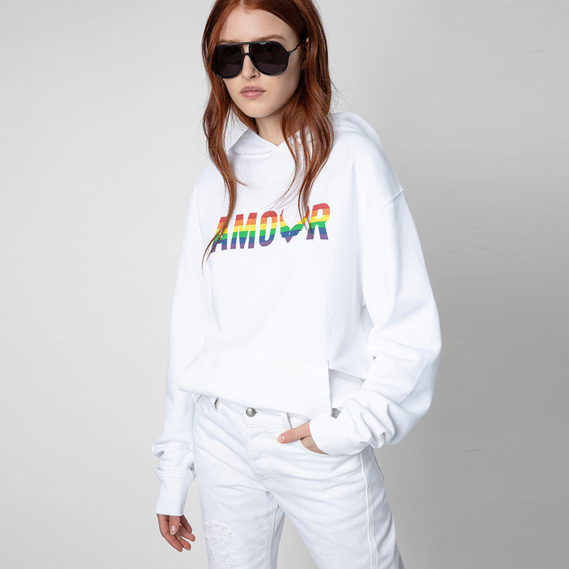 D0BM ZADIG&VOLTAIRE 22New autumn and winter French niche women's white hooded sweatshirt with Englis