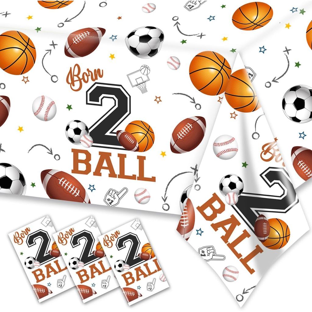 Born Two Ball ตกแต่งวันเกิด-3 ชิ้น Born 2 Ball ผ้าปูโต๊ะบาสเกตบอลเบสบอลฟุตบอลกีฬาธีมพลาสติกตารางสําห