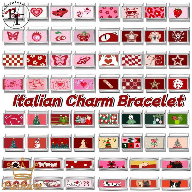 สร้อยข้อมือสแตนเลสแบบ retro ตกแต่งด้วยรถอิตาเลียน charm และหัวใจแดง ขนาด 9 มม.
