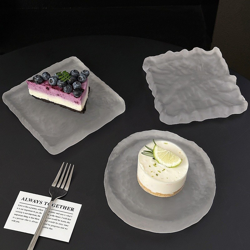 Frosted Glacier Glass Plate High-End Cold MealถาดขนมจานซูชิCreative Banquet Pastry Display ฐานถาด