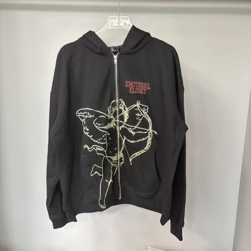 MBYP MIXED EMOTION Archery Cupid Print Hooded Sweatshirt American Street Style Unisex Zipper Jacket