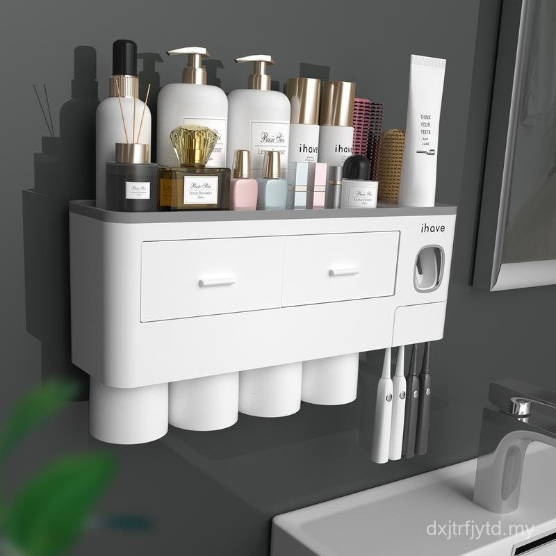 IHave ที่ใส่แปรงสีฟันสําหรับห้องน้ํา,ถ้วยผู้ถือแปรงสีฟันติดผนังพร้อมเครื่องจ่ายยาสีฟัน-ถาดความจุขนาด