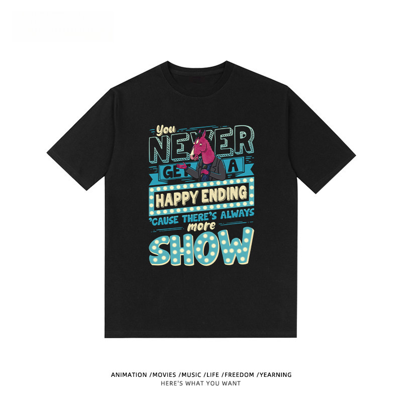 เสื้อยืดแขนสั้นสีดำ Borseman ออกแบบตามการ์ตูนอเมริกัน BoJack Horseman ในสไตล์แฟชั่น