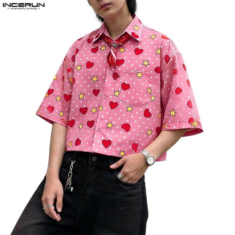 INCERUN ผู้ชายเกาหลี Kawaii Funky Turn-Down-Collar Heart & Star พิมพ์ 3/4 Sleee ปุ่มเสื้อ