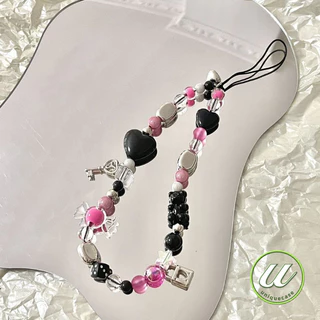 สายจี้โทรศัพท์ลูกปัด สีชมพู-ดำ หัวใจ ดอกไม้ น่ารัก ทันสมัย