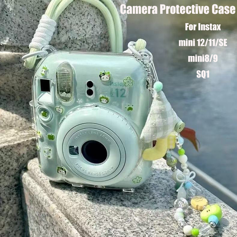 [สีเขียว] Instax Mini 12/11/SE/8/9/Square SQ1 เคสป้องกันกล้องเคสใสพร้อมสายรัดสติ๊กเกอร์ฟรีอุปกรณ์เสร