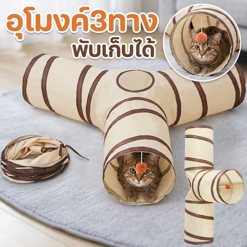 2in1 อุโมงค์แมว ของเล่นแมว พับเก็บง่ายไม่ใช้พื้นที่ สะอาดง่ายไม่ติดผม มีลูกบอลล่อแมว