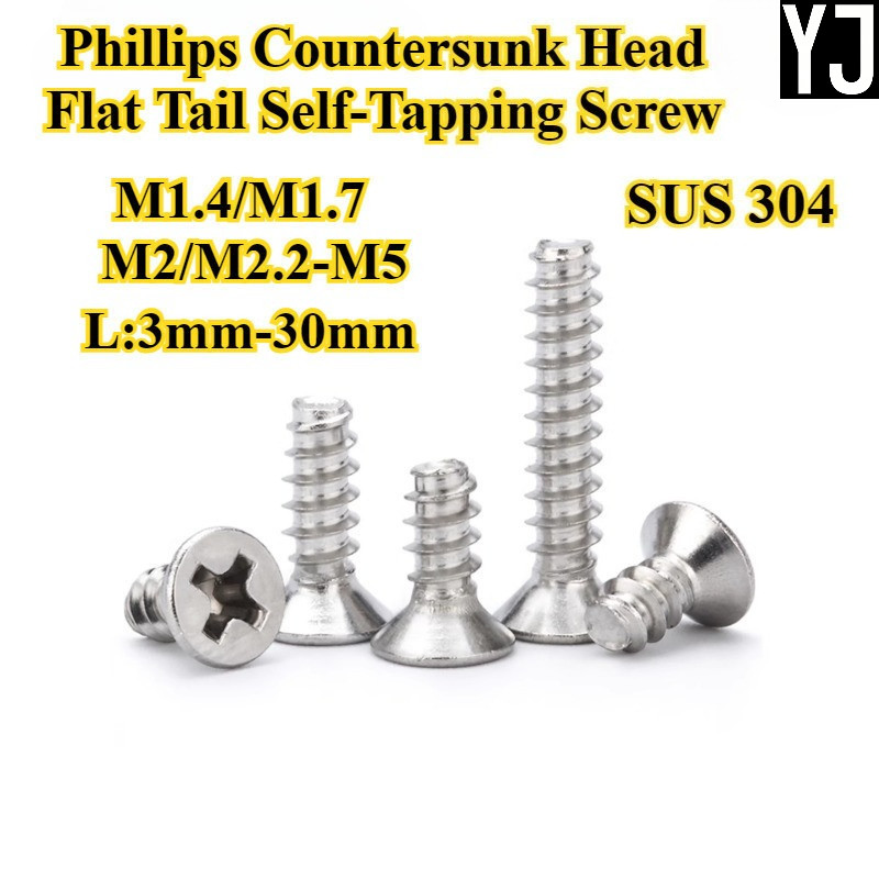[YJ-ZGLS] SUS304 สแตนเลสสตีล Phillips Countersunk หัวแบนหางสกรูแตะตัวเอง, ตัวยึดหัวแบนข้าม, M1.4/M1.