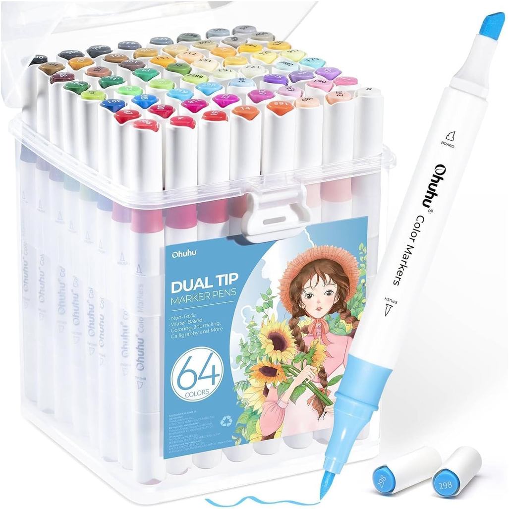 Ohuhu Water-Based Brush Markers Set - Bold Tip - 63 Colors, 64 Pieces - Illustration Markers, Waterc