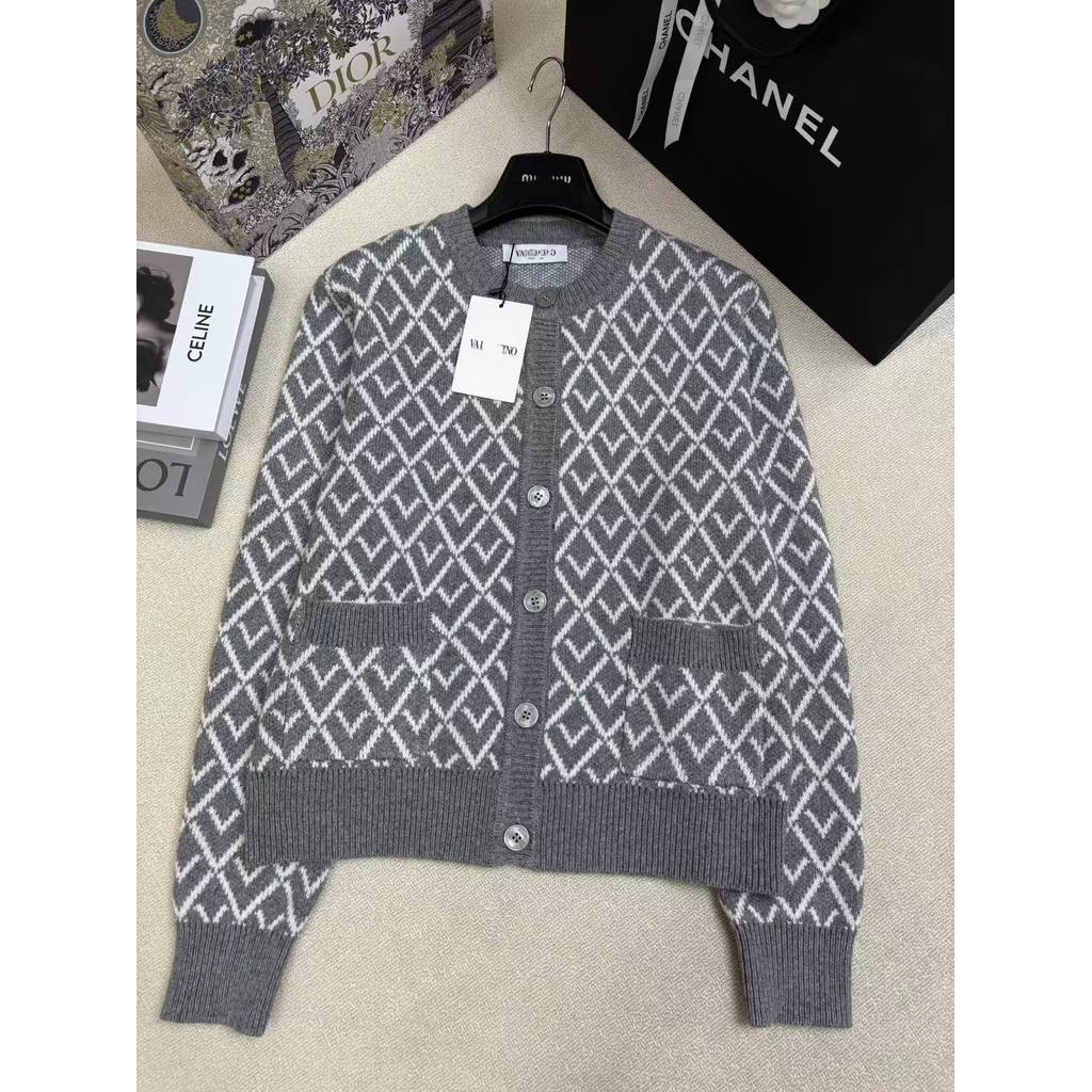 WM5O Valentin* Vintage Style Fashionable Knitted Round Neck Cardigan New Versatile Color-Block Diamo