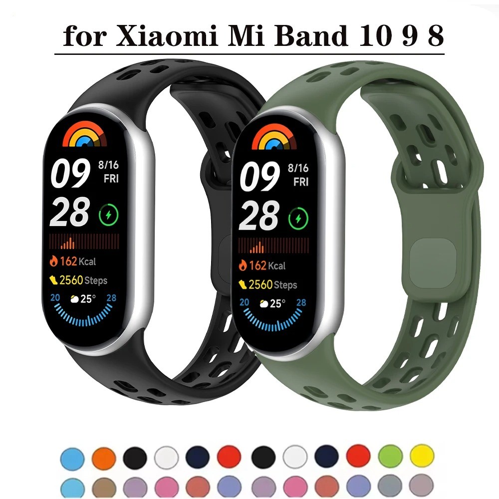 สายรัดซิลิโคนสําหรับ Xiaomi Mi Band 10 อุปกรณ์เสริมกีฬาสร้อยข้อมือระบายอากาศสายรัดข้อมือเข็มขัด pulseira correa สําหรับ Xiaomi Mi band 9 8