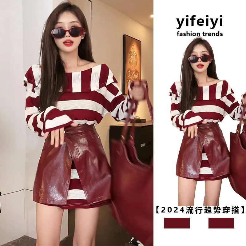 ชุดสองชิ้นสำหรับฤดูใบไม้ร่วงและฤดูหนาว ออกแบบตามสไตล์เกาหลี พร้อมเสื้อยอดนิยมทรงไหล่เฉียง ดีไซน์เพิ่มความสูงและความบางลง เหมาะสำหรับใส่ในโอกาสต่างๆ