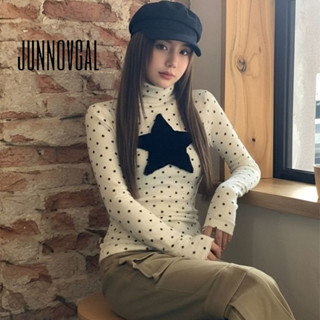 JUNNOVGAL ผู้หญิง 2026 Polka Dotted พิมพ์คอสูงเสื้อยืดแขนยาว…