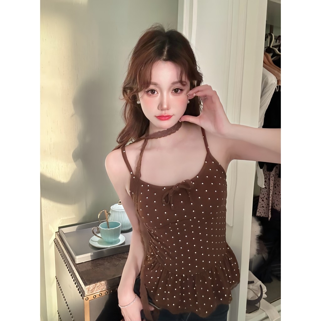 SuSu เสื้อสายเดี่ยวลายจุดสไตล์เกาหลี ดีไซน์กระโปรงไม่มีแขน มีฟองน้ำในตัว หลากสี FY5554-0 - รูปที่ 3