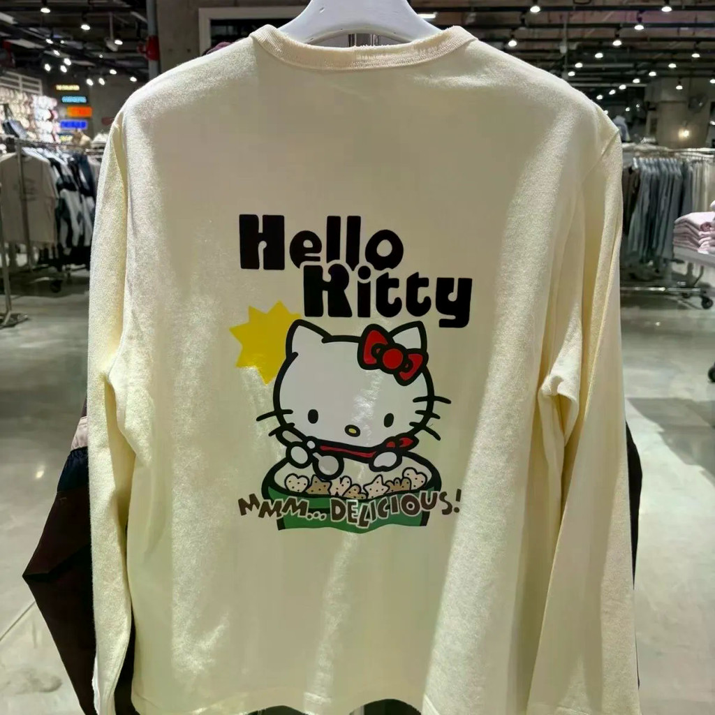 เสื้อยืดคิตตี้แมวแขนยาว สำหรับผู้ชายและผู้หญิง ทำจากผ้าฝ้ายแท้ ใส่สบายและหลวม เหมาะกับฤดูใบไม้ผลิและฤดูใบไม้ร่วง
