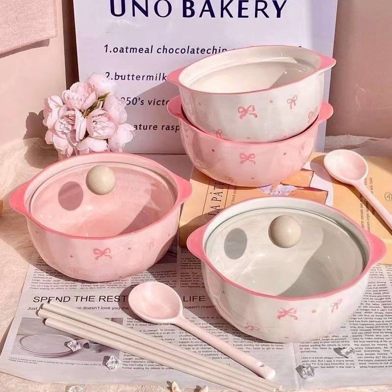 ถ้วยจานชามลายโบว์ ลายน่ารักมีสองสีโบว์ขาวและโบว์ชมพู