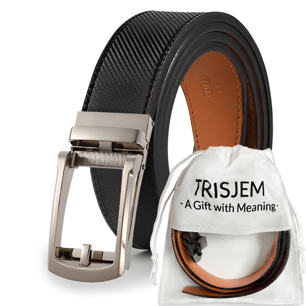CEXIKA Carbon Fiber-Look Mens Leather Auto-Buckle Belt with Bag Perfect for Business Wear, Ideal Hol