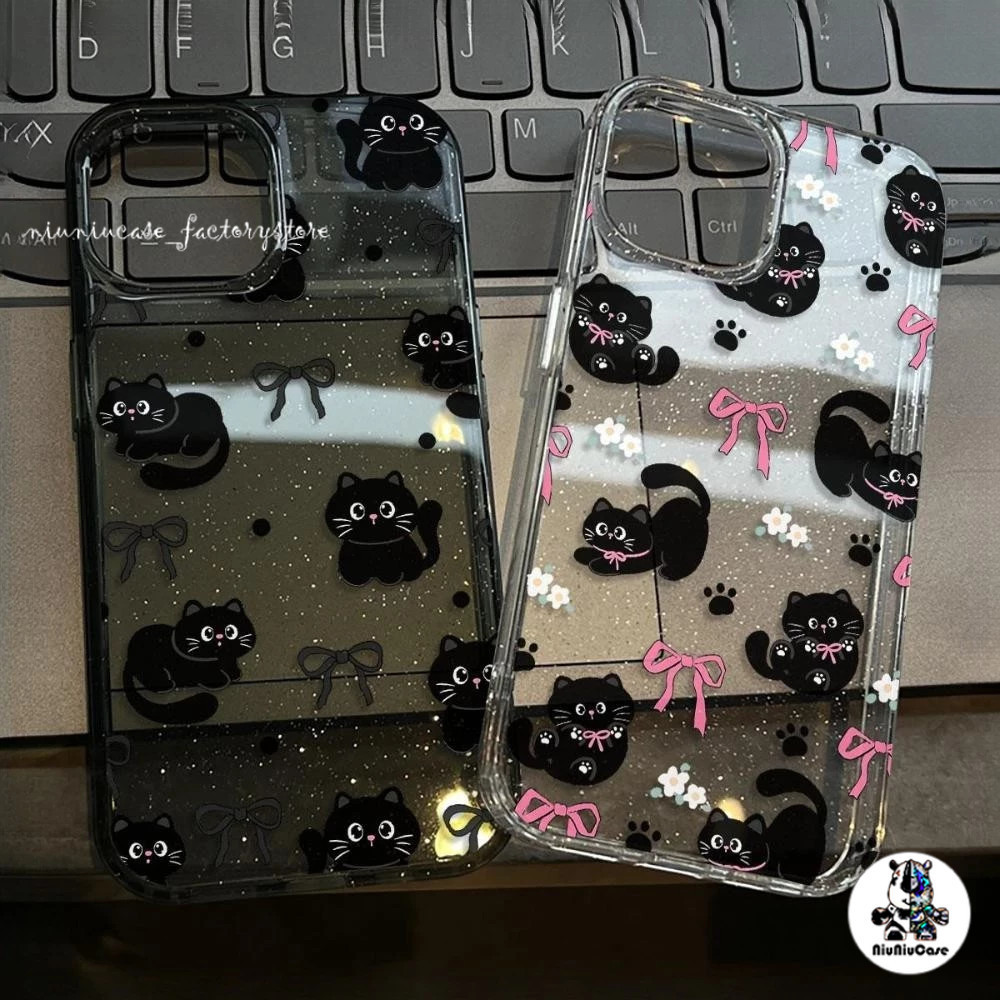 เคส For iPhone 16 Pro Max เคสใสแบบแวววาว TPU นุ่มสีสันสดใส แมวดำน่ารักและธนู 11 17 15 14 13 12 16 Pro max XS 7 8 Plus