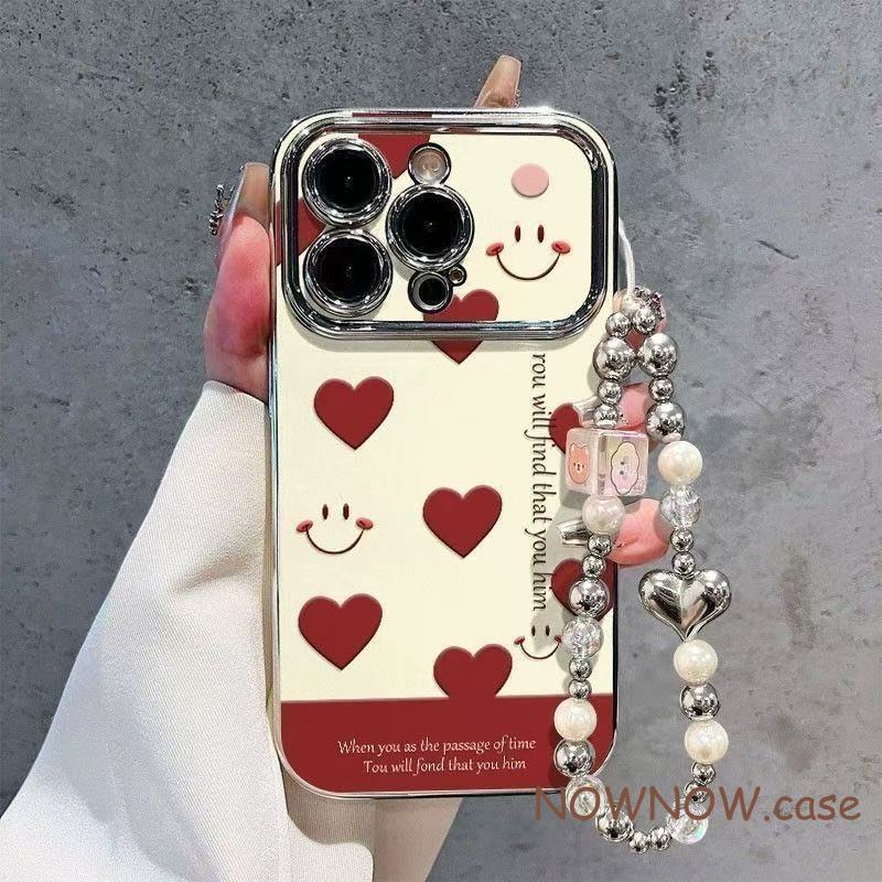 IPhone 17 16 15 14 13 12 11 Pro Max X XR XS Max 7 8 Plus น่ารัก Red Love Smile เคสโทรศัพท์หน้าต่างขนาดใหญ่สร้อยข้อมือมุกปกอ่อน
