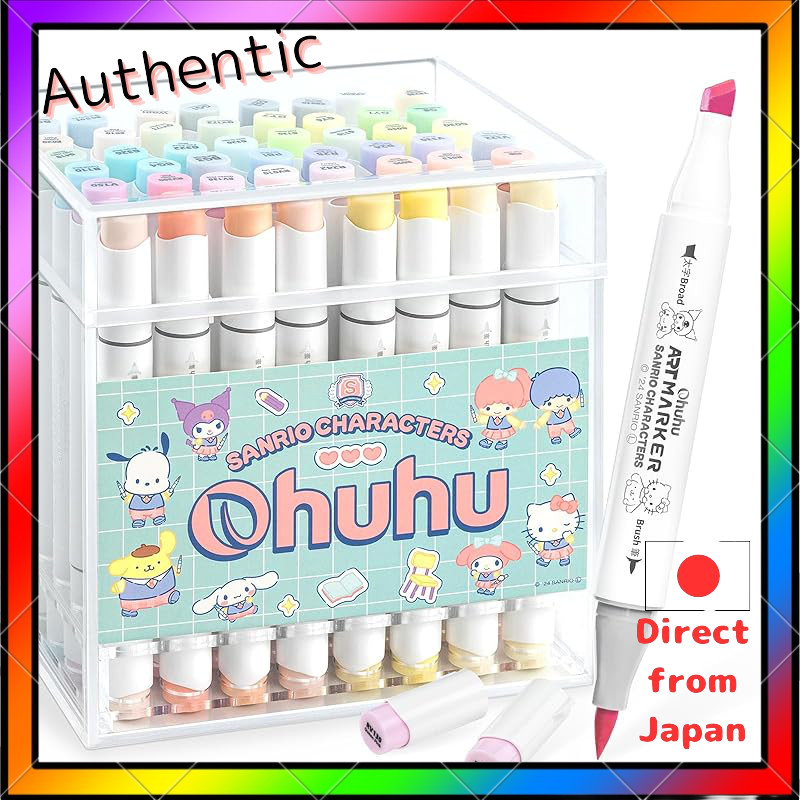 Ohuhu x Sanrio Characters 48-Color Pastel Illustration Marker Set with Brush & Fine Tips, Alcohol-Ba