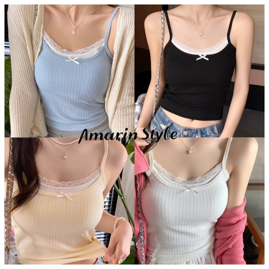 Amarin🌸พร้อมส่ง🌸 เสื้อสายเดี่ยว คอกลมมีซับ-in แต่งขอบลูกไม้ติดโบว์ ใส่สบาย ไซส์พอดีตัว FY2109-P