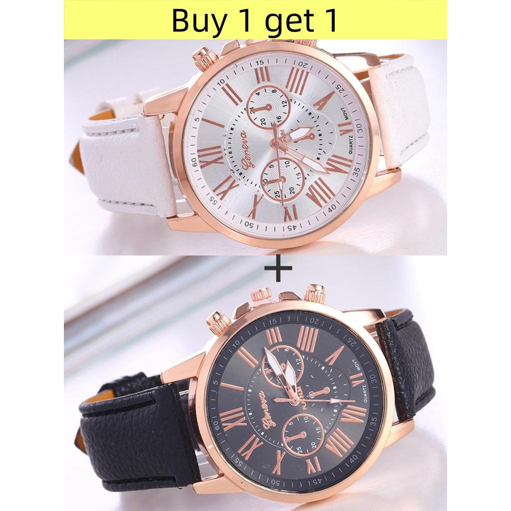【ซื้อ 1 แถม 1】นาฬิกาข้อมือสตรี Platinum Collection สีโรสโกลด์ สายหนังสีขาว ตัวเลขโรมันคลาสสิก ระบบควอตซ์ ของขวัญสุดหรู