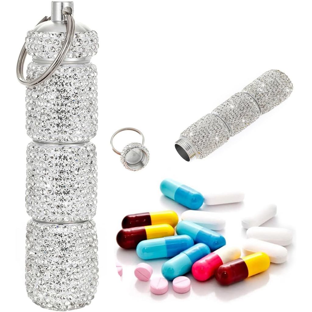 Bling Pill Case Portable Travel Pill Container Rhinestone Waterproof Small Pill Holder Keychain Cute