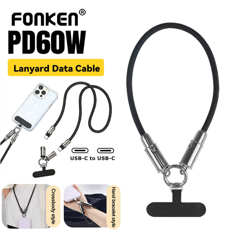 Fonken 2 in 1 โทรศัพท์ Lanyard สายชาร์จเร็ว PD60W USB-C ถึง Type-C ถักข้อมูลสาย Anti-theft สายคล้องโทรศัพท์