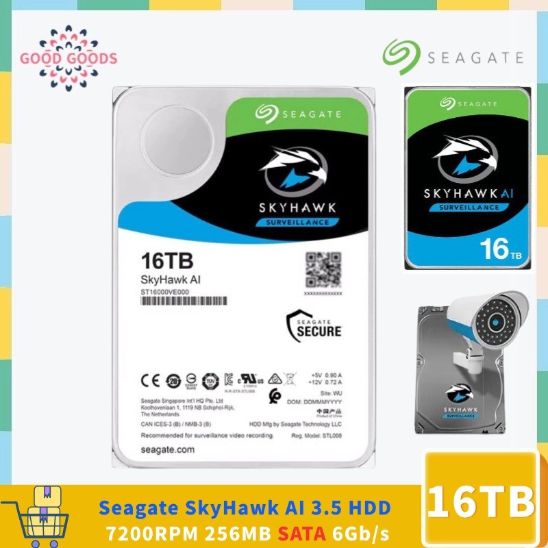 Seagate SkyHawk AI 16TB ST16000VE000 7200 RPM 256MB แคช SATA 6Gb/s 3.5" ฮาร์ดไดรฟ์ภายในไดรฟ์เปลือยกล