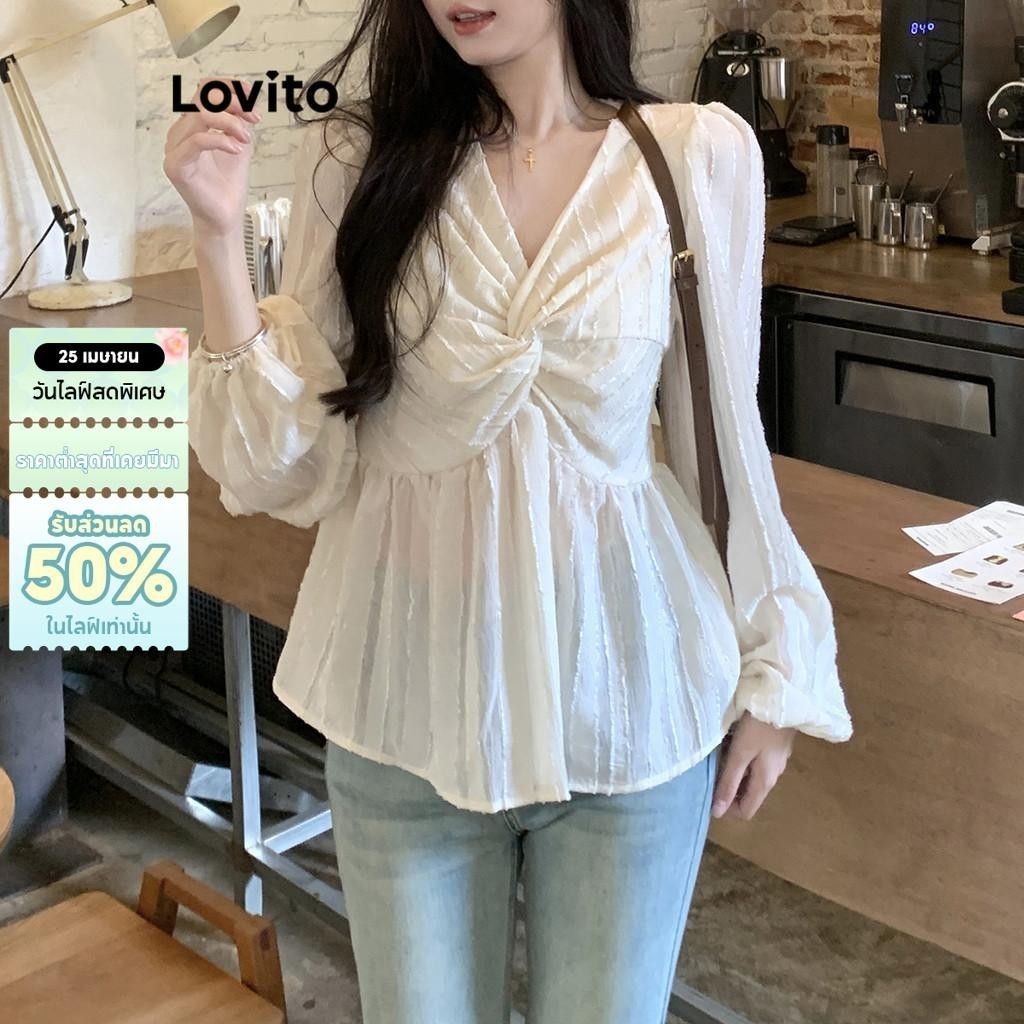 Lovito เสื้อลําลองธรรมดา Knot ระบายชายเสื้อเสื้อผู้หญิง LNE29483 (ออฟไวท์)