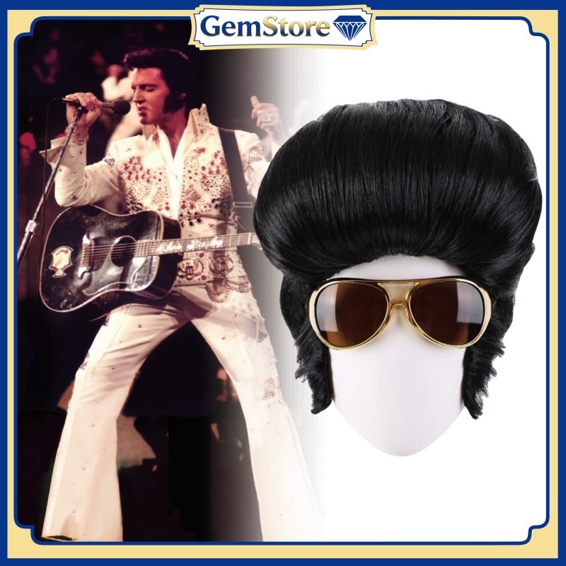 Elvis Presley สีดําคอสเพลย์วิกผมและแว่นตาสําหรับเครื่องแต่งกายฮาโลวีนและปาร์ตี้ Elvis Presley
