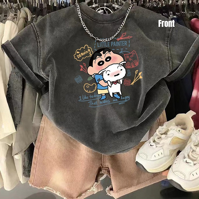 【จัดส่งภายใน 24 ชั่วโมง】 เสื้อยืดเด็กแบบซักแล้ว/ซีรี่ส์เครยอนชินจัง ผ้าฝ้ายพรีเมียม 100%/ขนาดสำหรับเด็กอายุ 2-14 ปี